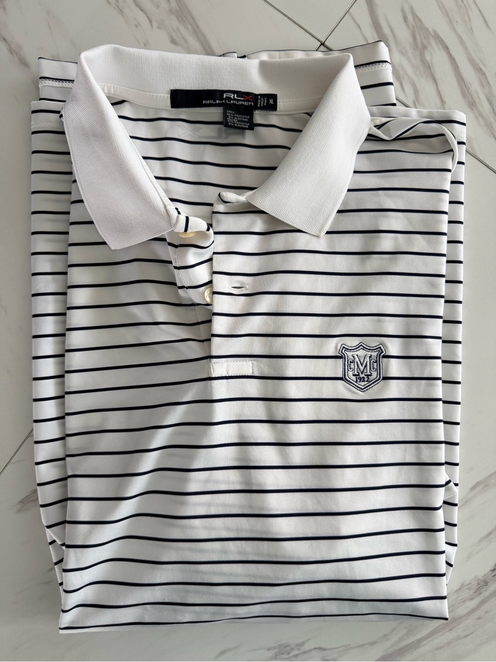 RLX Ralph Lauren Polo Golf Shirt Mens XL Striped Manor Country Club logo